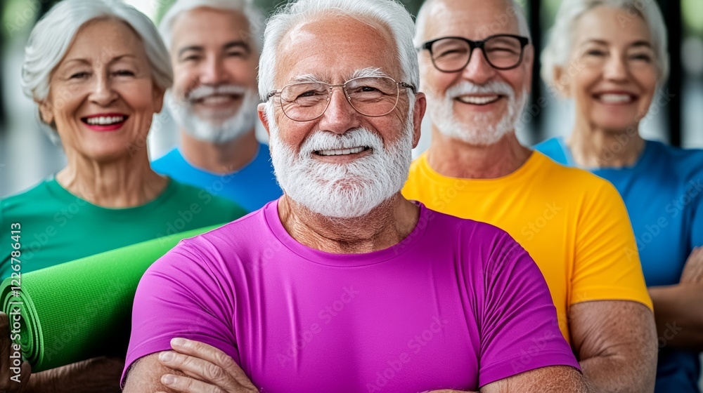 Group of older men are smiling and posing for a photo. They are wearing colorful shirts and holding yoga mats. Scene is cheerful and positive, as the men appear to be enjoying their time together Group of older men are smiling and posing for a photo. They are wearing colorful shirts and holding yoga mats. Scene is cheerful and positive, as the men appear to be enjoying their time together