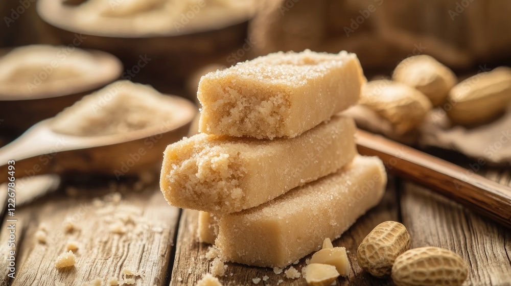 Fototapeta premium Peanut Paçoca. Traditional Brazilian peanut bars on rustic wooden background