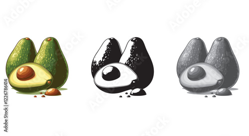 Set of fresh two whole and one half avocado isolated on white background. Organic food. and cartoon style. Vector illustration for designing