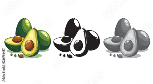 Set of fresh two whole and one half avocado isolated on white background. Organic food. and cartoon style. Vector illustration for designing