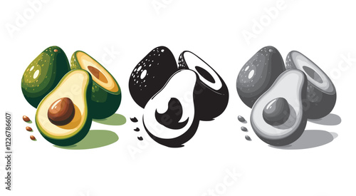 Set of fresh two whole and one half avocado isolated on white background. Organic food. and cartoon style. Vector illustration for designing