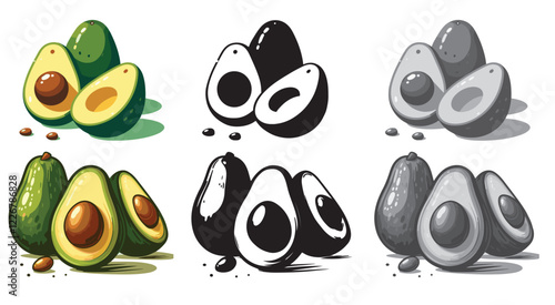 Set of fresh two whole and one half avocado isolated on white background. Organic food. and cartoon style. Vector illustration for designing