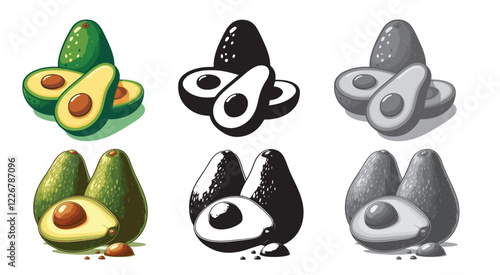 Set of fresh two whole and one half avocado isolated on white background. Organic food. and cartoon style. Vector illustration for designing