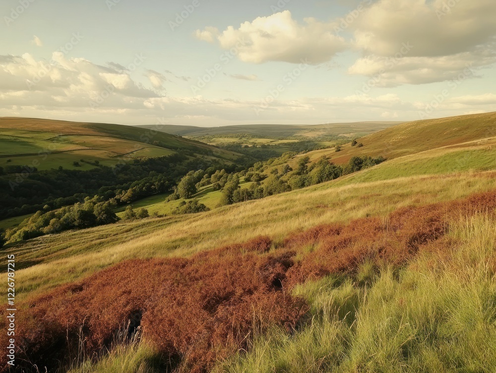 Fototapeta premium Rolling hills and valleys with a warm, golden light, scenic rural landscape view