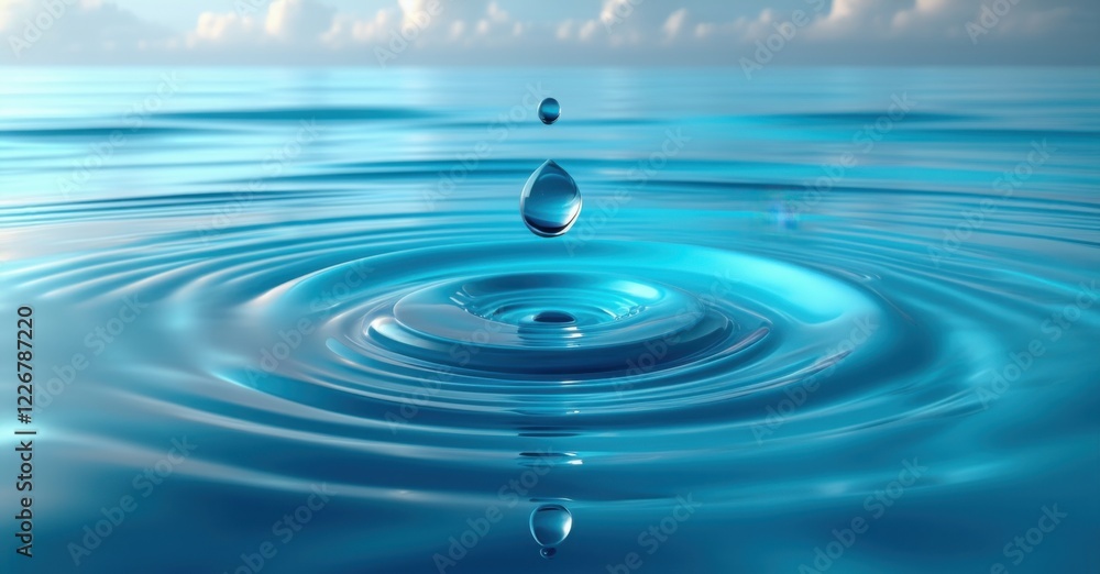 Single drop of water creating ripples expanding across an entire ocean. Symbolizing impact, connection, cause-and-effect, and unity through fluid motion and energy Single drop of water creating ripples expanding across an entire ocean. Symbolizing impact, connection, cause-and-effect, and unity through fluid motion and energy