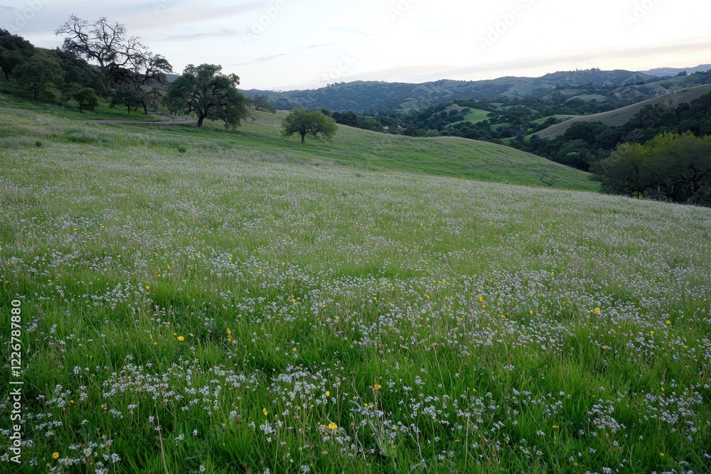 Rolling Hills in Bloom Rolling green hills covered in wildflowers stretching into the distance under a golden sunrise Rolling Hills in Bloom Rolling green hills covered in wildflowers stretching into the distance under a golden sunrise