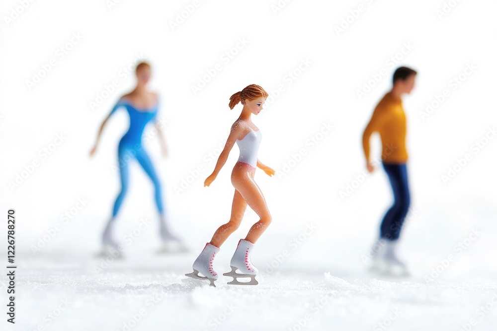 A set of figurines depicting people enjoying a day of skating on icy surface A set of figurines depicting people enjoying a day of skating on icy surface