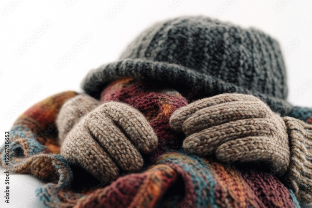 A colorful pile of hand-knitted scarves and hats on a white surface A colorful pile of hand-knitted scarves and hats on a white surface