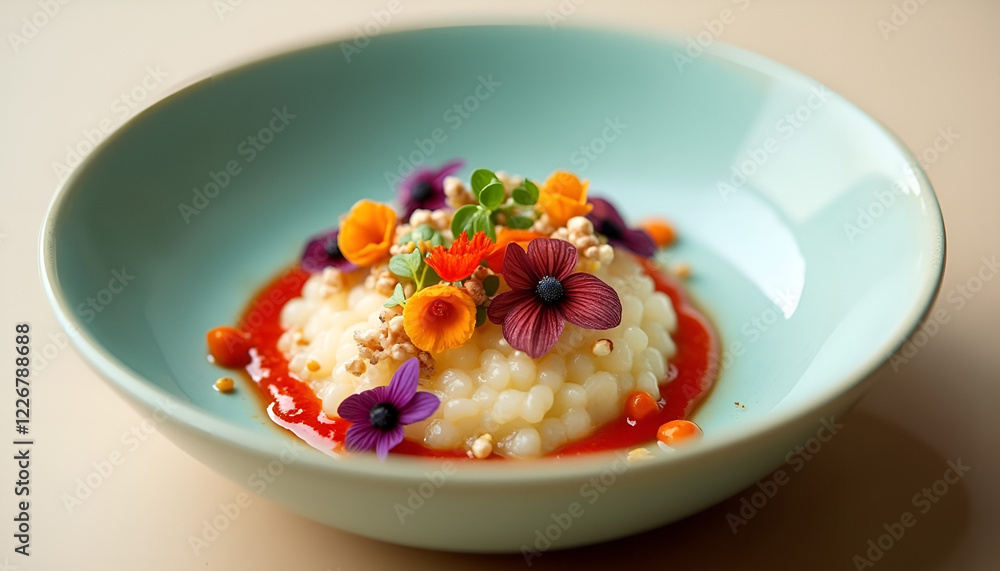 Gourmet risotto topped with edible flowers and colorful sauce in a stylish plate Gourmet risotto topped with edible flowers and colorful sauce in a stylish plate
