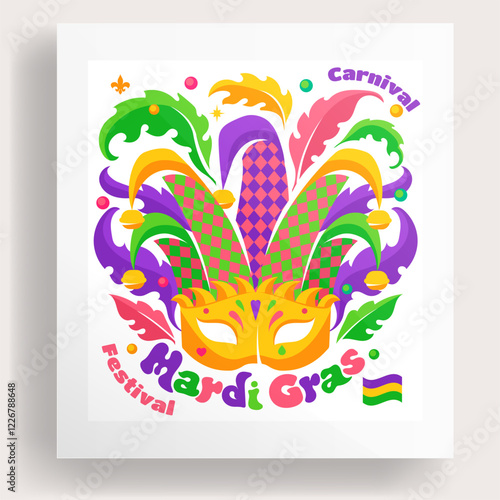 Mardi Gras mask, carnival flag, mockup. Venetian mask is decorated with feathers, beads, bells.