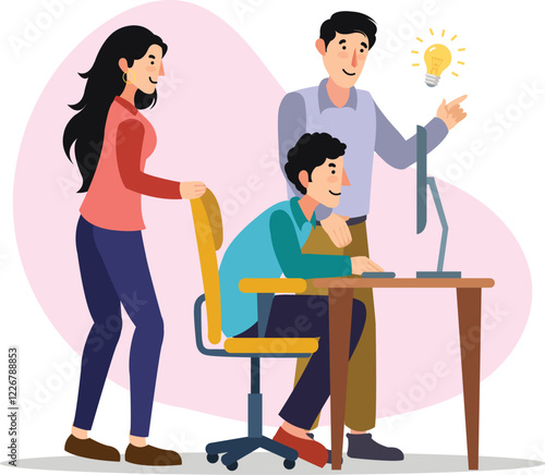 Collaborative Teamwork Illustration Showing Idea Generation and Workplace Creativity A dynamic office setting with team members brainstorming, discussing ideas, and collaborating to spark creativity a
