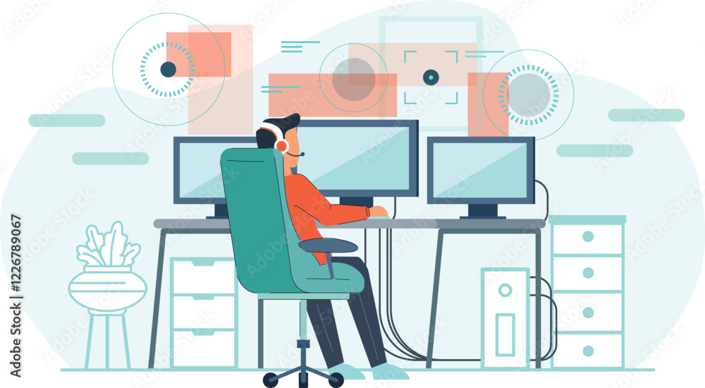 Gamer at Multi-Screen Setup Illustration for Streaming and E-Sports A gamer sitting at a multi-screen setup, streaming gameplay for an e-sports competition. Gamer at Multi-Screen Setup Illustration for Streaming and E-Sports A gamer sitting at a multi-screen setup, streaming gameplay for an e-sports competition.