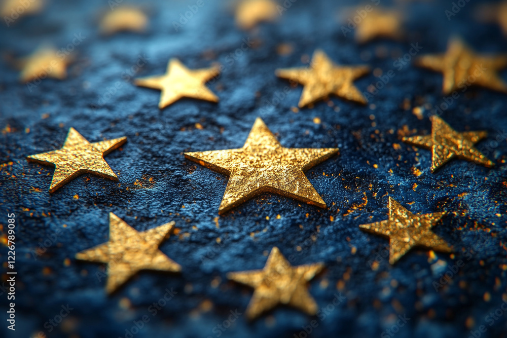 Golden Stars on a Dark Blue Glittering Background