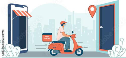 Online Food Delivery Illustration with Courier on Scooter Delivering to Doorstep A delivery person riding a scooter, bringing food to the customer’s doorstep.