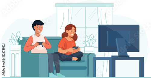 Multiplayer Gaming Illustration with Friends Playing Video Games on TV A group of friends gathered around a TV, playing multiplayer video games together.