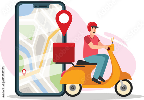 Online Food Delivery Illustration with Courier on Scooter A courier riding a scooter, delivering food with a sense of speed and efficiency.