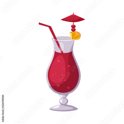 Summer cocktail. Refreshing drink with straw, umbrella, cherry and yellow fruit in a glass. Beach holidays, summer vacation, party, cafe, bar. Alcoholic cocktail. Isolated vector illustration