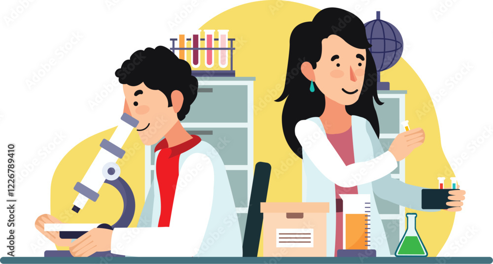 Scientific Research Illustration with Scientists Using Microscope and Lab Equipment Scientists conducting research in a lab, using microscopes and other scientific equipment. Scientific Research Illustration with Scientists Using Microscope and Lab Equipment Scientists conducting research in a lab, using microscopes and other scientific equipment.