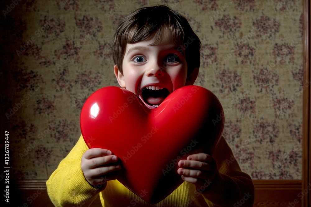 Sign of love. Сhildren valentine's day greeting card: child boy with happy face holds red heart in hands. Commercial marketing conceptual art. Child hugging heart. Child love emotions. Sign of love. Сhildren valentine's day greeting card: child boy with happy face holds red heart in hands. Commercial marketing conceptual art. Child hugging heart. Child love emotions.
