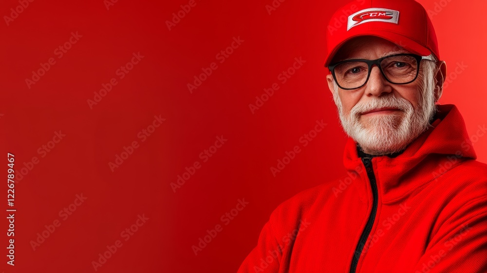 Fototapeta premium Man wearing a red hat and a red jacket is smiling. The image has a warm and friendly mood