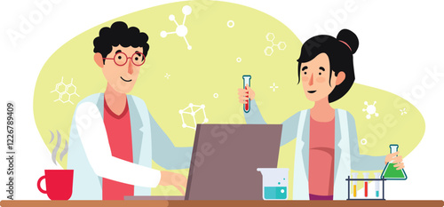 Science Experiment Illustration with Scientists Conducting Lab Research A detailed illustration of scientists performing an experiment in a laboratory setting.