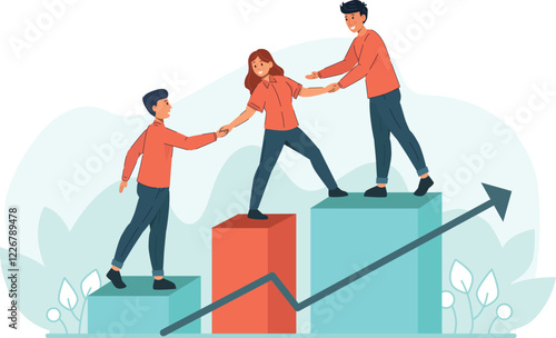 Teamwork Illustration Showing Team Members Helping Each Other to Achieve Success A collaborative scene where team members support each other to reach a common goal.