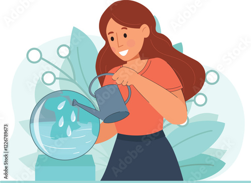 World Water Day Illustration Highlighting the Importance of Water Conservation and Sustainability An illustration focused on global efforts to save water, showing people and nature working together.