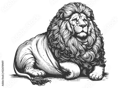 Fat overweight body positive chubby lion with a prominent mane, showcasing vintage art style and majestic appearance sketch engraving generative ai vector illustration. Scratch board. Black and white