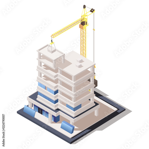 Construction site with crane and partially built structure in isometric style, on white background. Concept of building and development. Vector illustration.