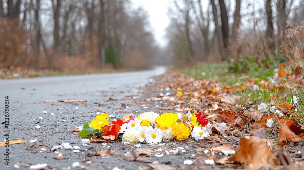 Obraz premium Roadside memorial flowers, autumn park, somber scene, sympathy
