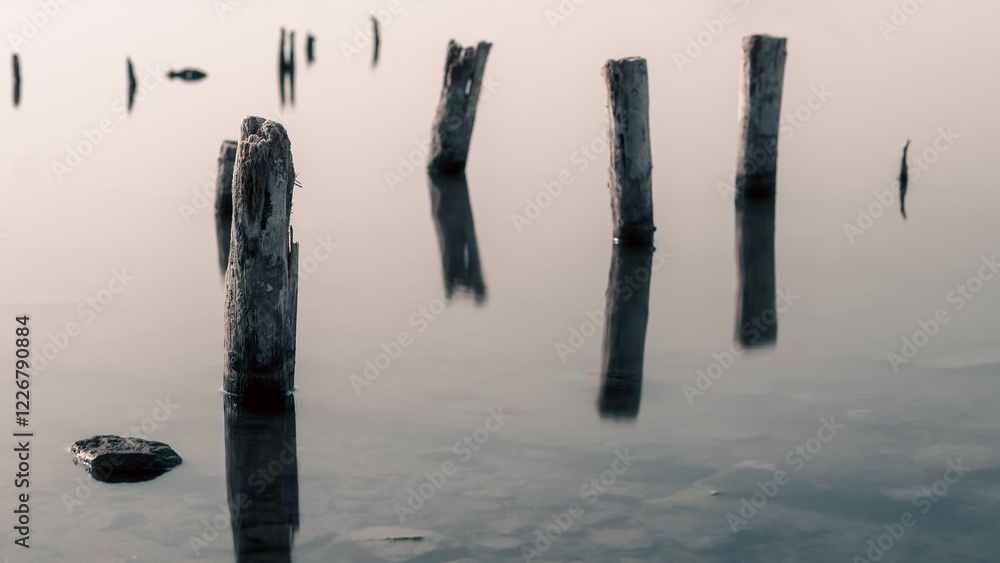 wooden columns in a calm surface of the water wooden columns in a calm surface of the water