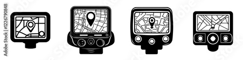 Collection of navigation devices displaying various map layouts and location markers