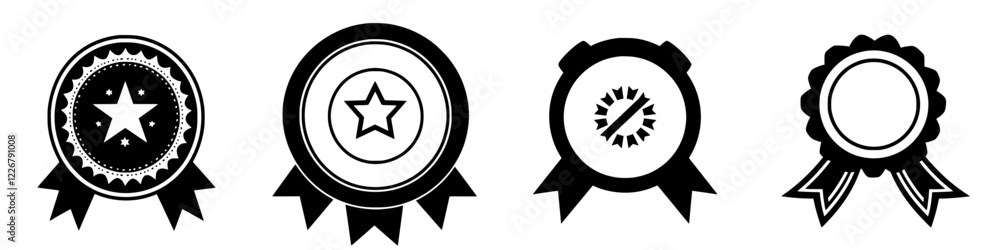 Collection of four black and white award badges with various designs and star motifs displayed together Collection of four black and white award badges with various designs and star motifs displayed together