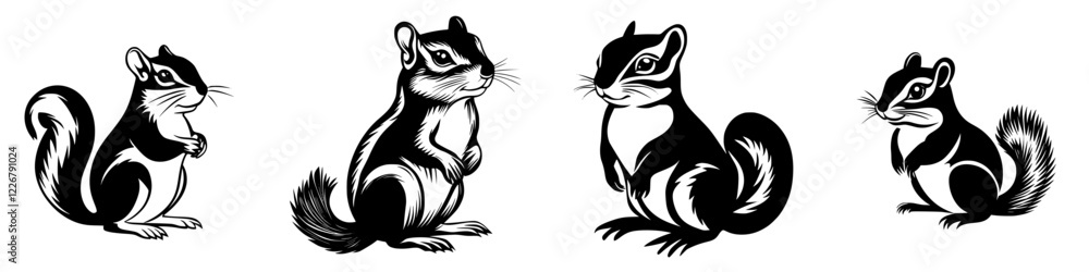 Four playful squirrels engaging in various poses with a detailed black and white illustration style Four playful squirrels engaging in various poses with a detailed black and white illustration style