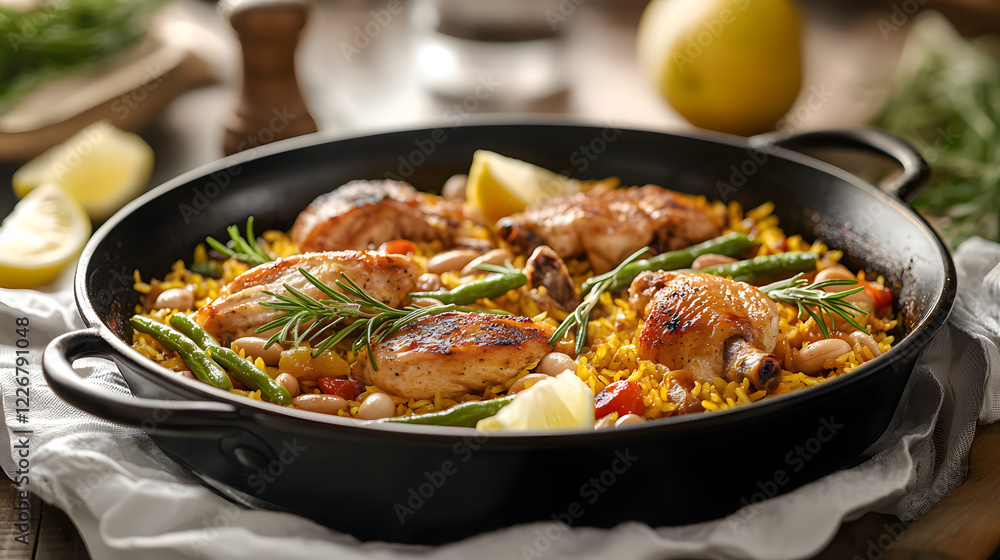 Traditional Spanish Paella Valenciana Served in Casual Setting Traditional Spanish Paella Valenciana Served in Casual Setting