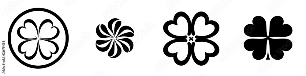 Floral designs showcasing four unique variations with symmetrical patterns and bold outlines for graphic use Floral designs showcasing four unique variations with symmetrical patterns and bold outlines for graphic use