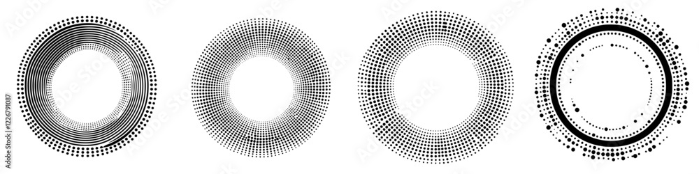 Different designs of circular patterns in black and white showcasing unique styles and arrangements of dots Different designs of circular patterns in black and white showcasing unique styles and arrangements of dots