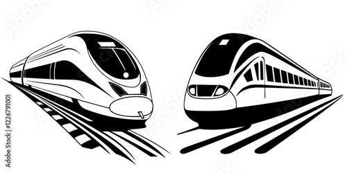 Black and white illustration of modern high-speed trains on railway tracks