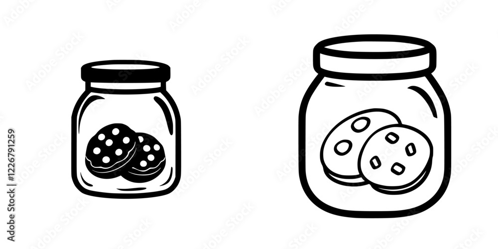 Cookies stored in jars with a minimalist design captured in black and white line art Cookies stored in jars with a minimalist design captured in black and white line art