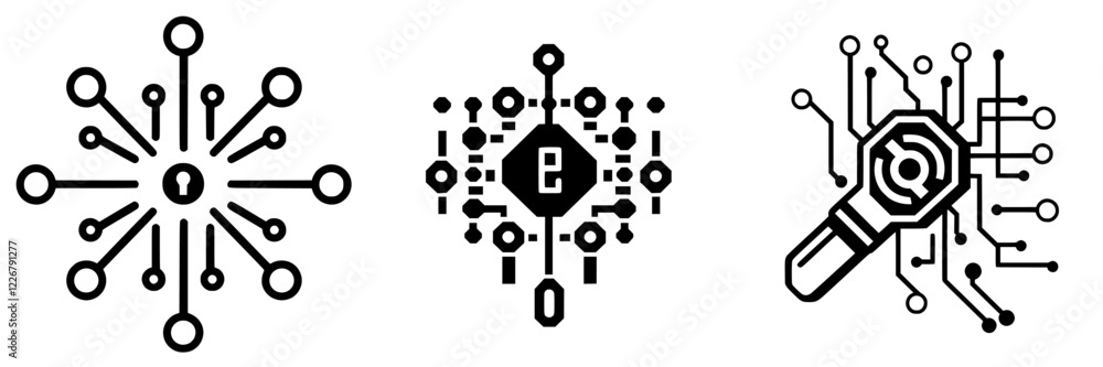 Patterns of digital security and technology represented by symbols in a modern graphic design Patterns of digital security and technology represented by symbols in a modern graphic design