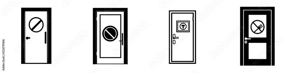 Different door signs indicating restrictions and guidelines for entry in various locations Different door signs indicating restrictions and guidelines for entry in various locations