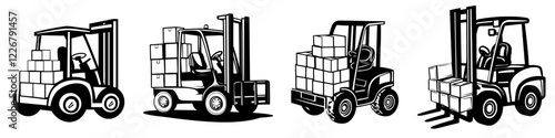 Various types of forklifts working together in a warehouse environment during daylight hours