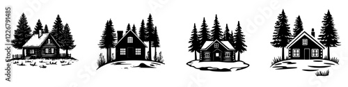 Wooden cabins amidst pine trees with varying designs and styles set against a snowy landscape during winter