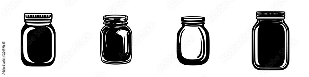 Different styles of glass jars arranged in a row showcasing various designs and sizes Different styles of glass jars arranged in a row showcasing various designs and sizes