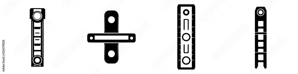 Various designs of level tools displayed in black and white showing different features and functionalities Various designs of level tools displayed in black and white showing different features and functionalities