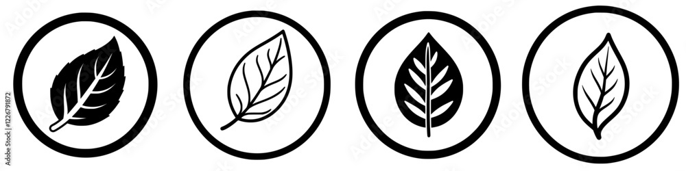 Designs of various leaf silhouettes within circular outlines showcasing botanical beauty and simplicity Designs of various leaf silhouettes within circular outlines showcasing botanical beauty and simplicity