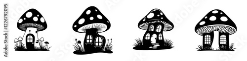 Whimsical black and white mushroom houses with charming details in a playful forest setting