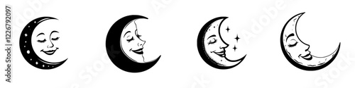 Variations of moon phases featuring cheerful faces and expressions in whimsical designs