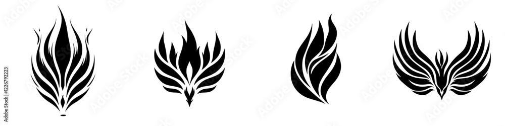 Unique collection of abstract flames and feathers in black and white design showcasing distinct styles and forms Unique collection of abstract flames and feathers in black and white design showcasing distinct styles and forms