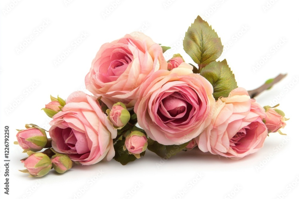 A bouquet of fresh pink roses placed on a clean white background A bouquet of fresh pink roses placed on a clean white background